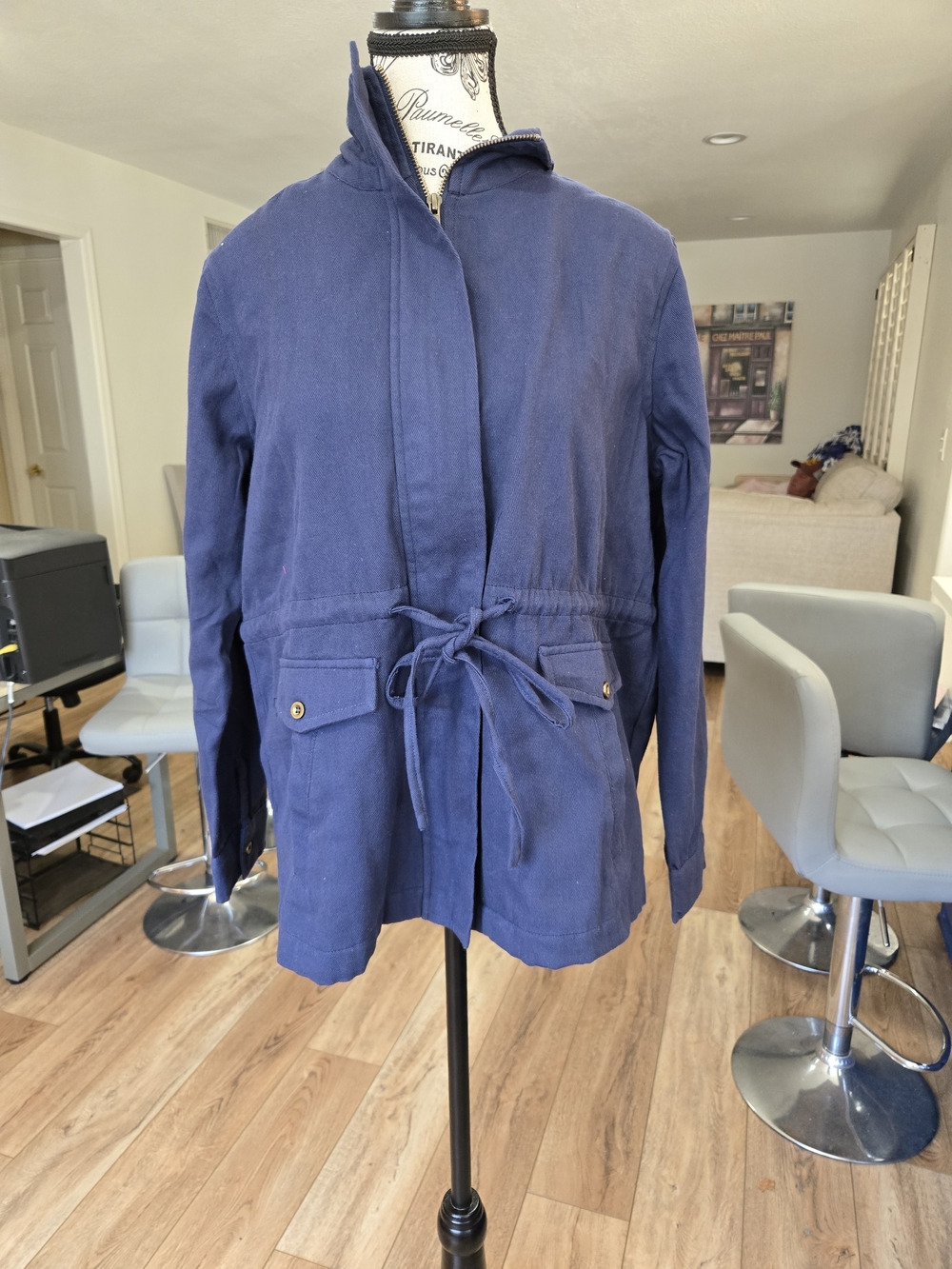 Drawstring Utility Jacket in Deep Blue.  100% Cotton.  Made In India.
